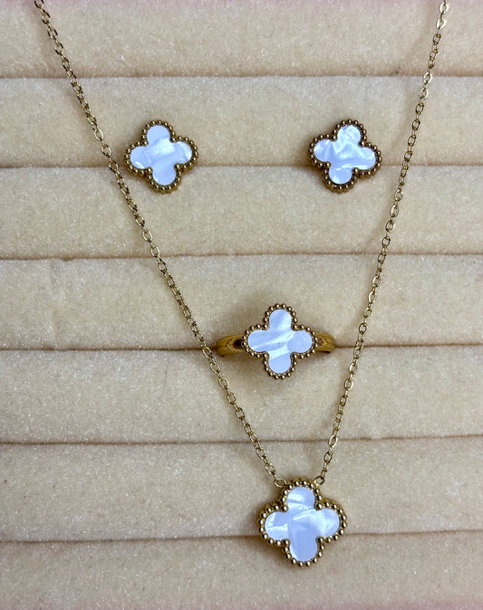 Golden white and black clover combo set Necklace, Earring,Ring (Anti tarnish Stainless steel 18k gold plated)