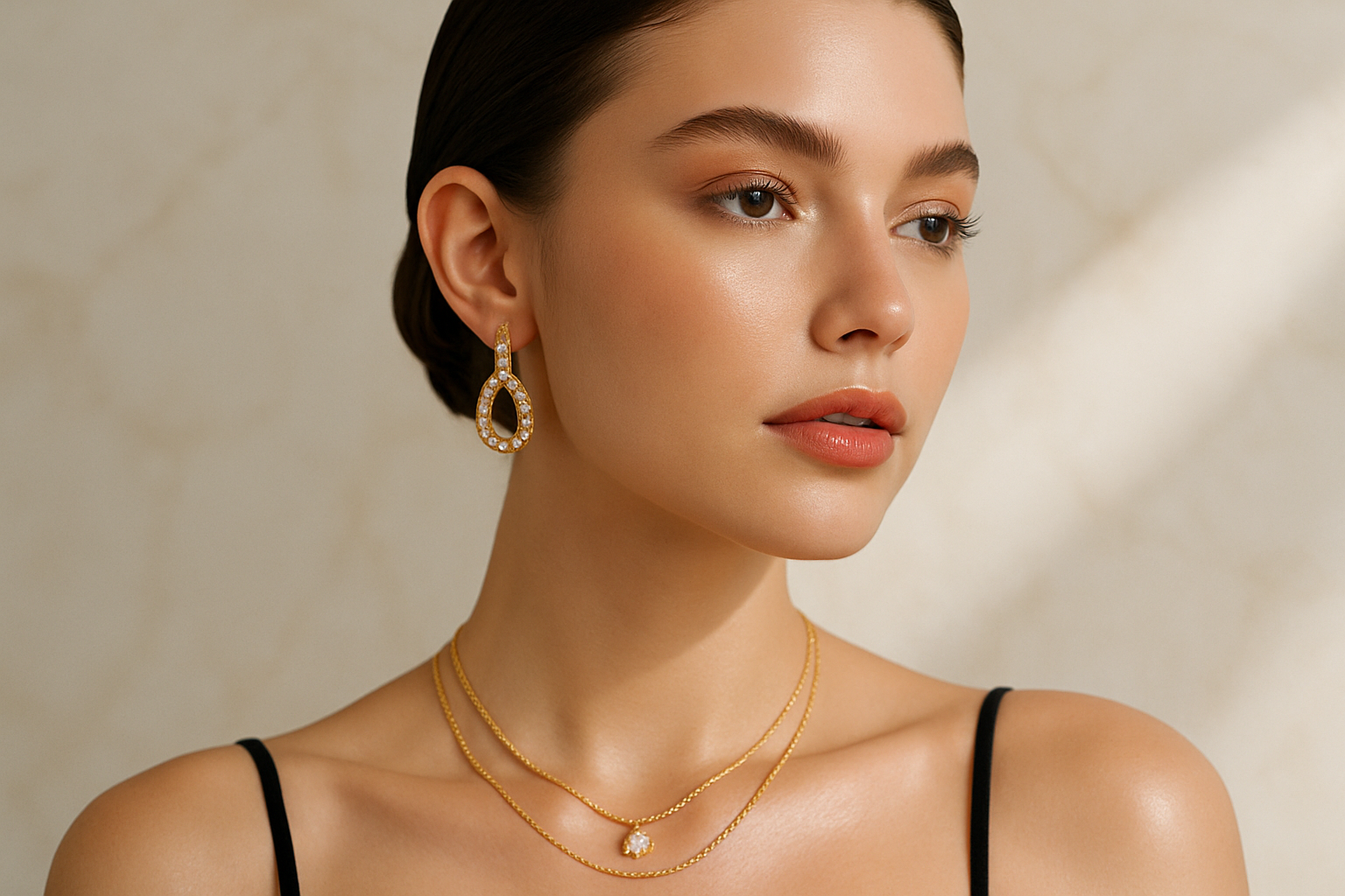 Elegant female model showcasing her Jewlery (necklace or earring) image should be in best quality should look like Genz, Luxurious, timeless