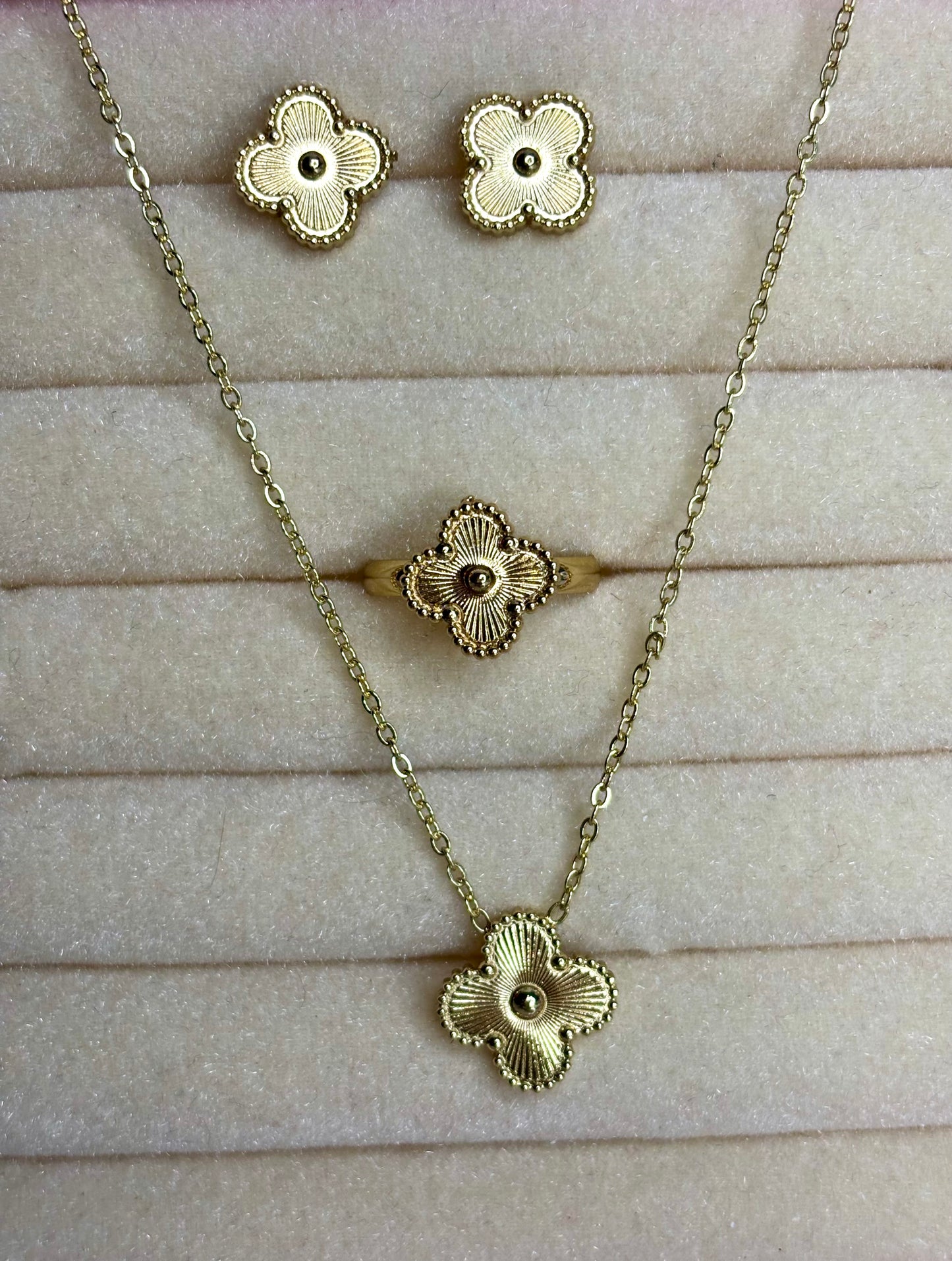 Golden white and black clover combo set Necklace, Earring,Ring (Anti tarnish Stainless steel 18k gold plated)