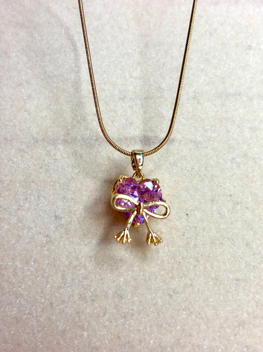 Crystal Heart & Bow Necklace white and pink (Anti tarnish Stainless steel 18k gold plated)