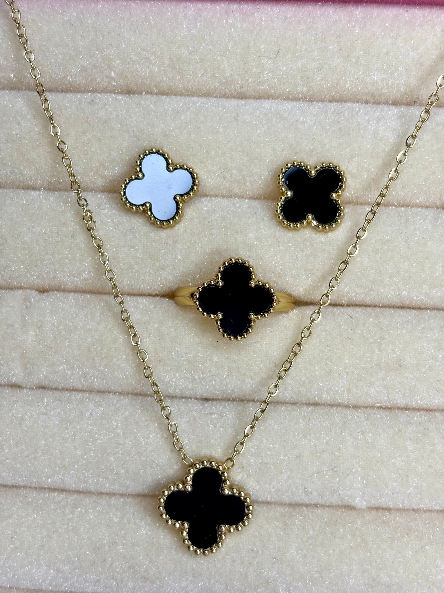 Golden white and black clover combo set Necklace, Earring,Ring (Anti tarnish Stainless steel 18k gold plated)