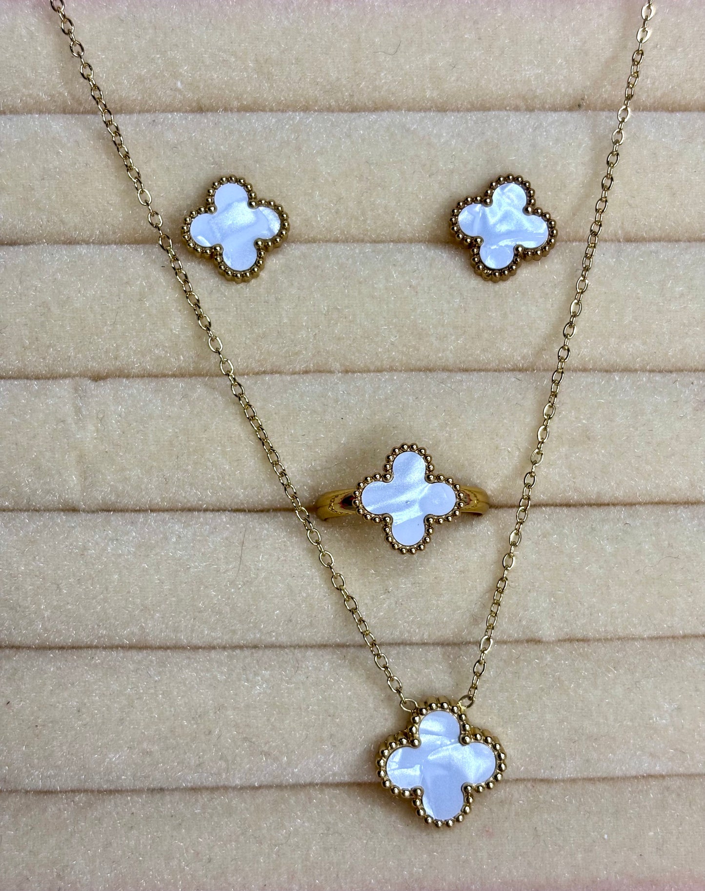 Golden white and black clover combo set Necklace, Earring,Ring (Anti tarnish Stainless steel 18k gold plated)