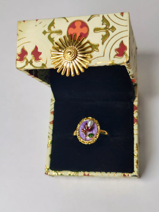 Purple Vintage Flower Adjustable Ring (Anti-Tarnish, Stainless Steel 18K Gold Plated)